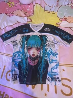ROMWE Black and Teal Anime Girl Graphic Short Sleeve Tee
